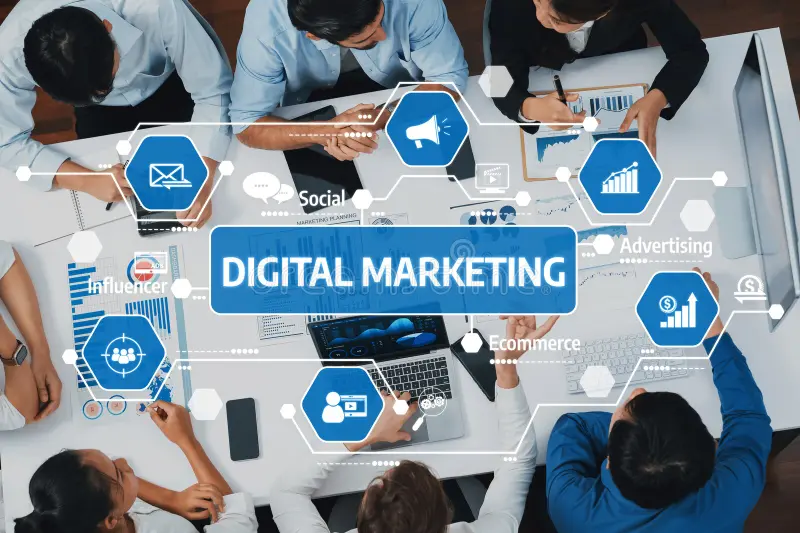 dynamic digital marketing strategies highlighted collaborative workspace professionals engaging over data analytics 468461119